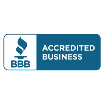 BBB Accredited Business badge, blue and white, with a flame symbol.