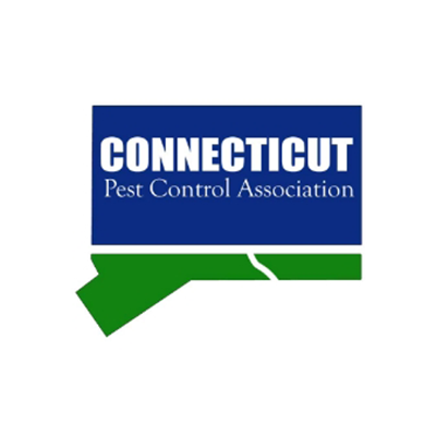 Connecticut Pest Control Association logo. Dark blue rectangle over a green Connecticut outline, white text.