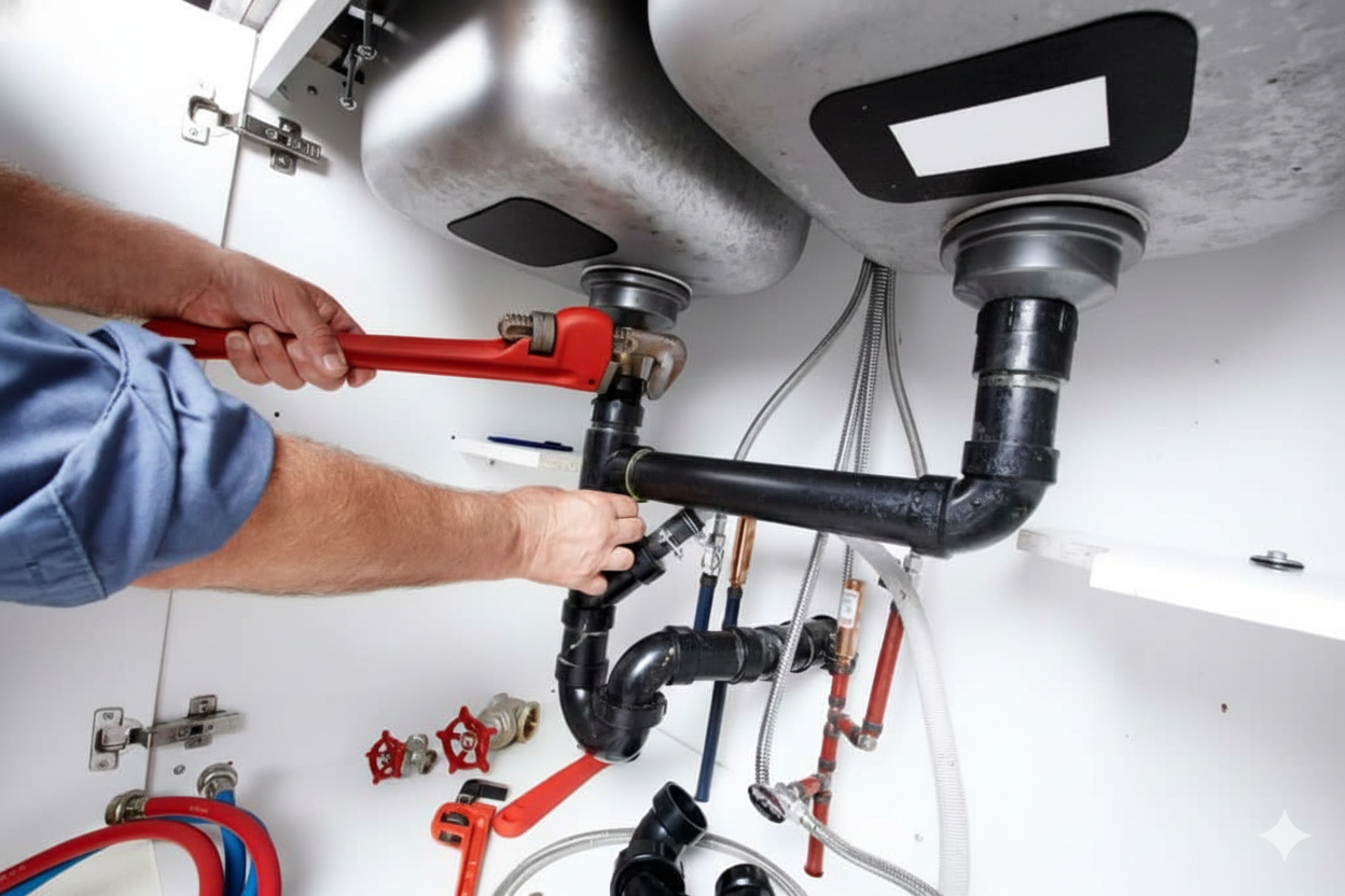 Plumber using a wrench to work on pipes under a kitchen sink; white cabinet interior.