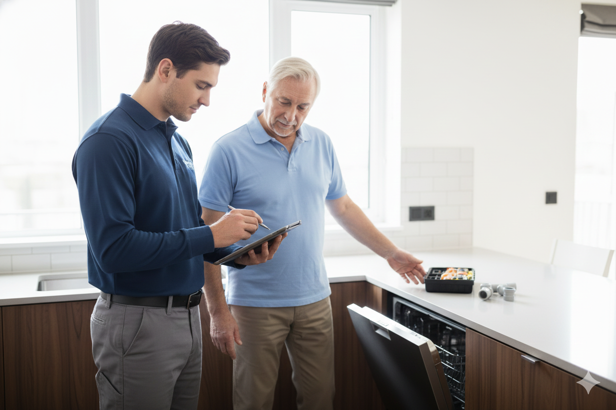 Man showing senior details on tablet next to open dishwasher. Kitchen setting.