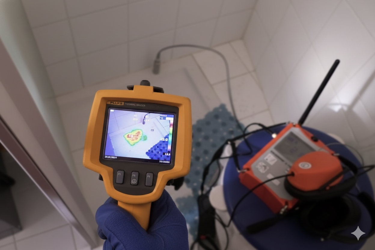 A person using a thermal imaging camera inside a tiled room, near an orange device.