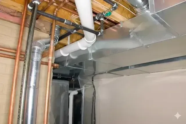 Plumbing and HVAC system with pipes and ductwork in a basement setting.