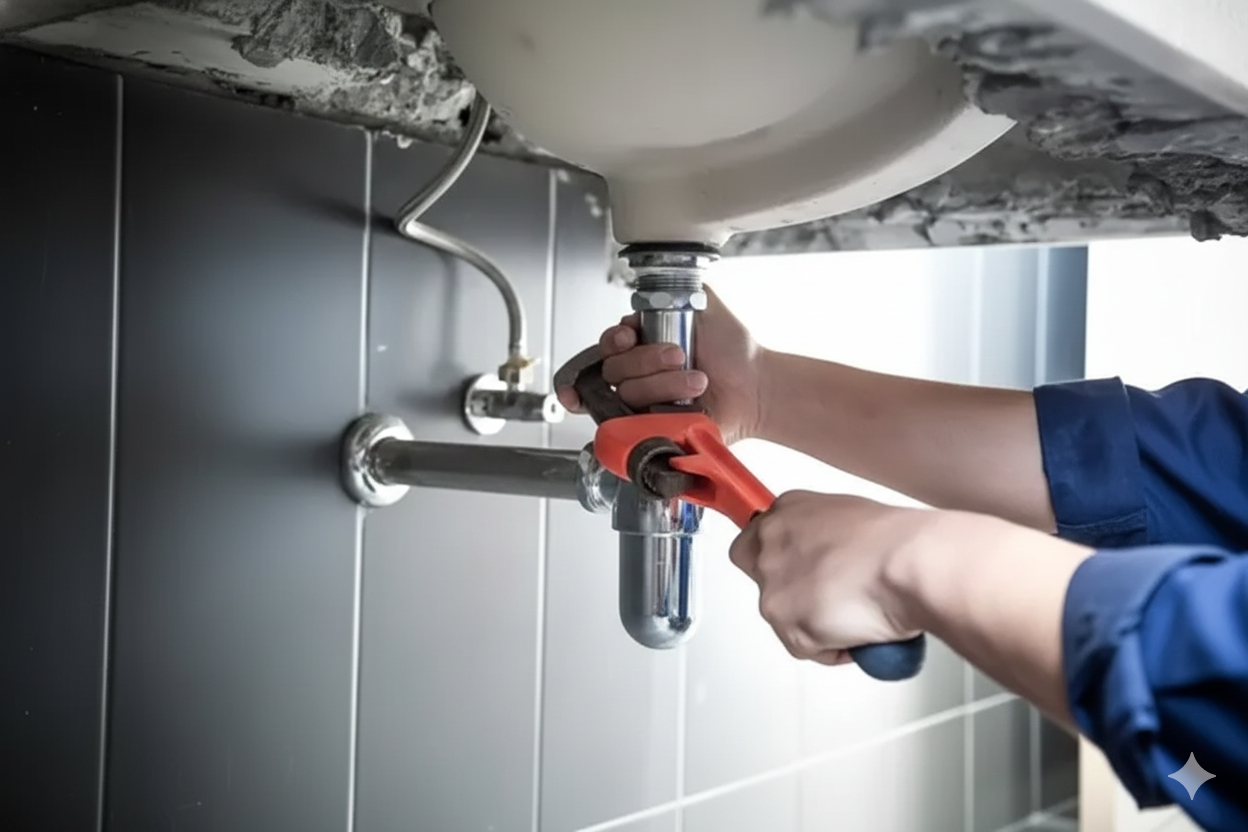 Plumber using a wrench to repair a sink drain pipe in a bathroom.