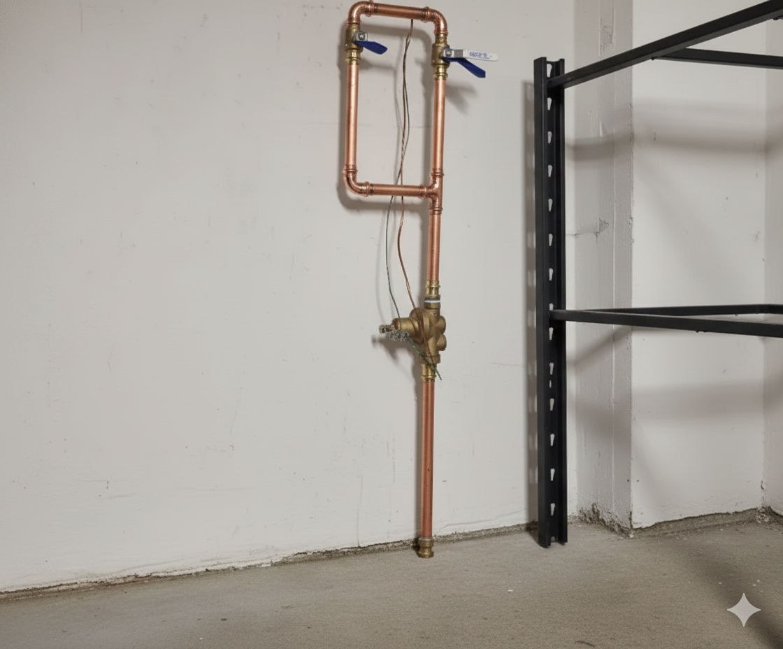 Copper plumbing with valves and a backflow preventer against a white wall in a garage.
