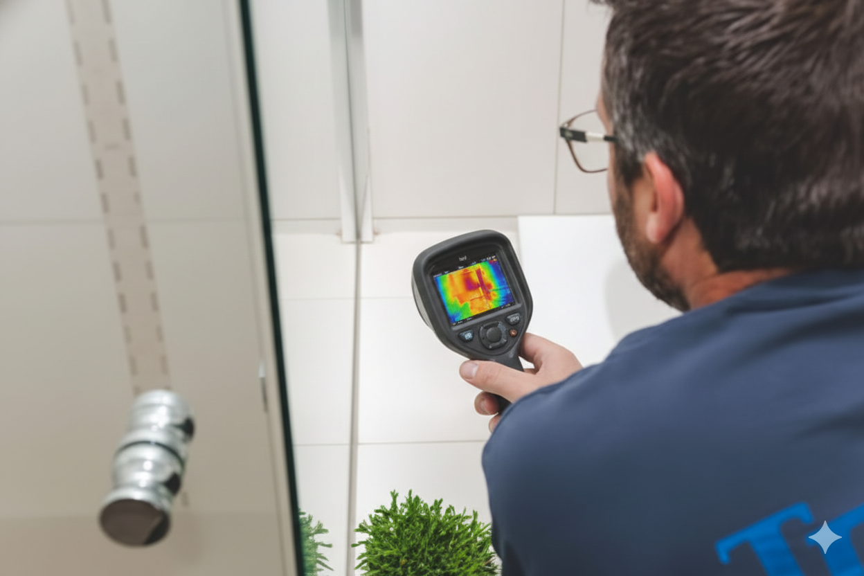 Man using thermal imaging camera on wall; brightly colored display indicates temperature variations.