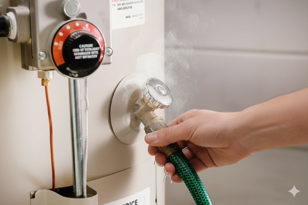 Hand holding a hose draining a water heater, with steam visible.
