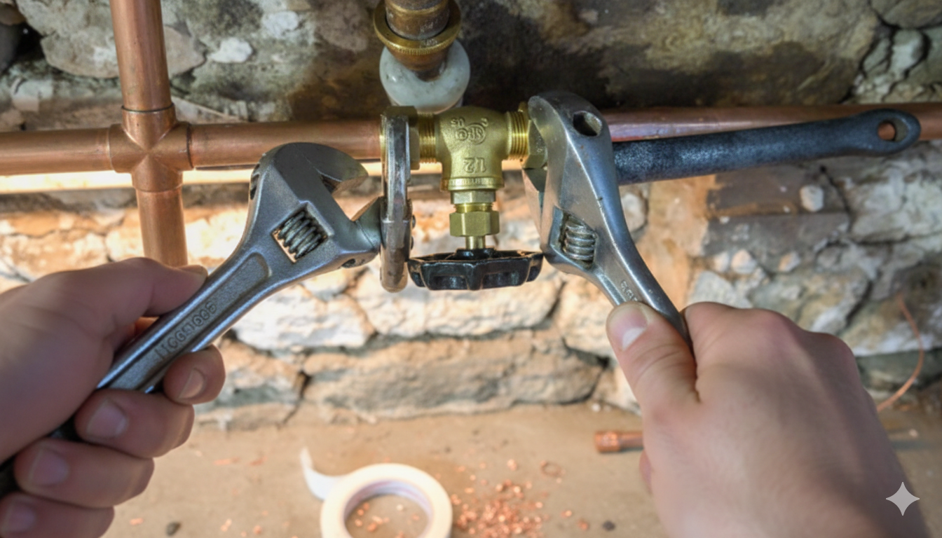 Hands using two wrenches to loosen a brass valve connected to copper pipes, indoors.