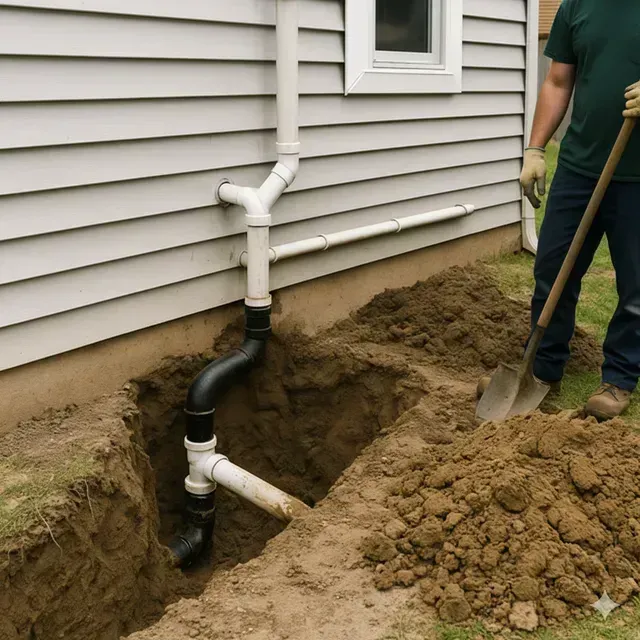 Man digging a trench near a house with downspout drainage pipes.