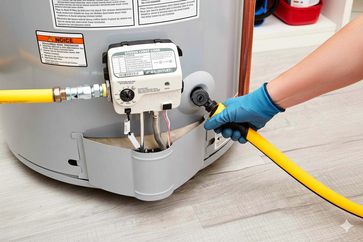 Person with blue glove flushing a hot water heater with a yellow hose.