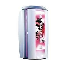 A Beauty Angel vertical tanning booth with a white and pink design.