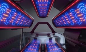 Interior view of a futuristic hallway with glowing blue and red lights.