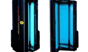 Two black UV-C light sanitizers with blue glowing tubes.