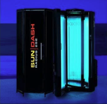 Sun Dash 252 Radius tanning booth, black, with open door revealing blue UV lights.
