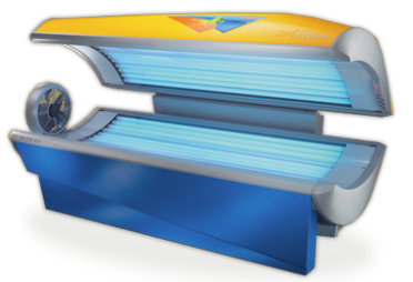Blue and yellow tanning bed with open top, interior lights visible.