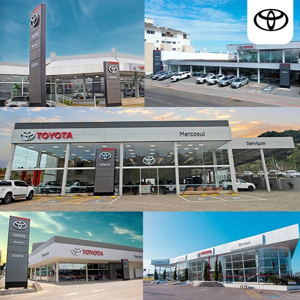 Várias concessionárias Toyota são mostradas em uma colagem