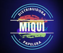 A colorful logo for distribuidora miqui papelera
