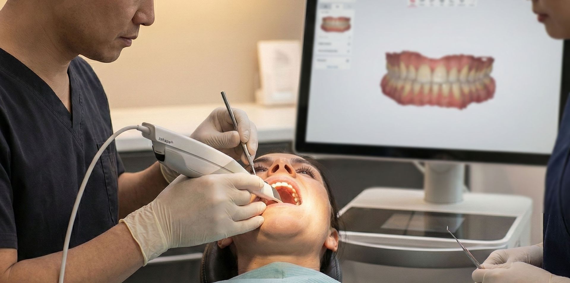 尊兆牙醫院長操作3Shape TRIOS 全彩數位口內掃描機的示意圖
