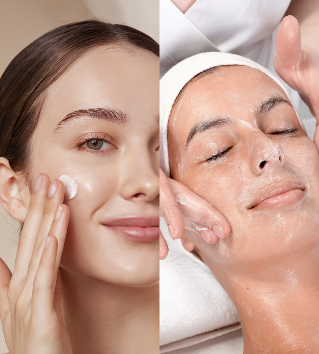 Woman applying cream and woman receiving facial treatment.
