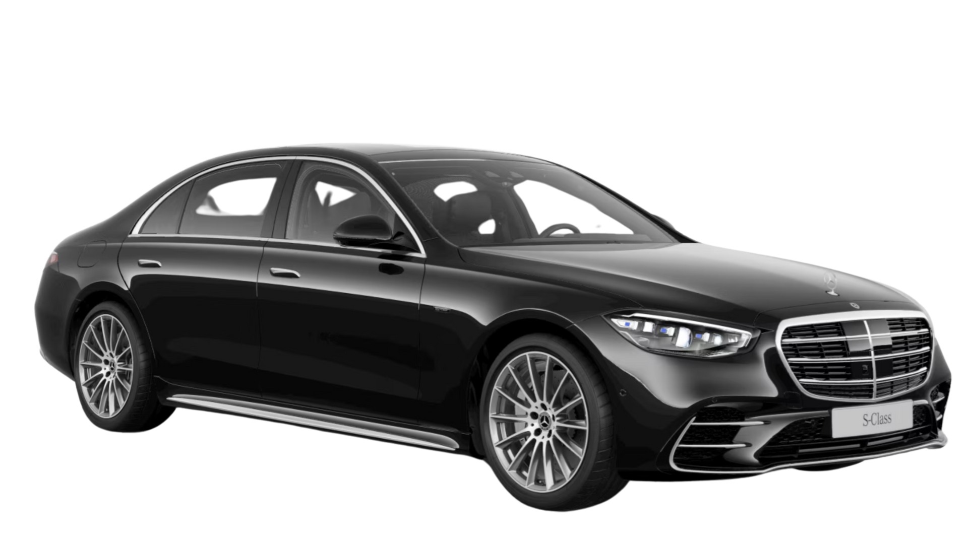 A black mercedes benz s class is shown on a white background.