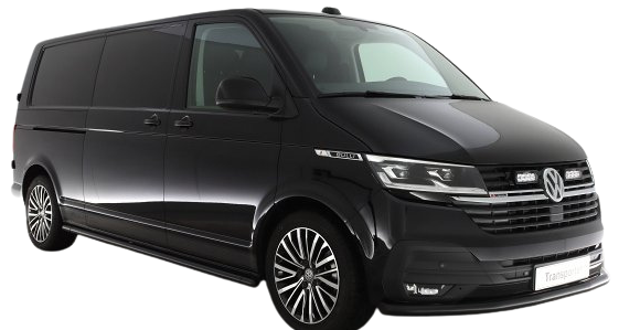 A black volkswagen van is parked on a white background.