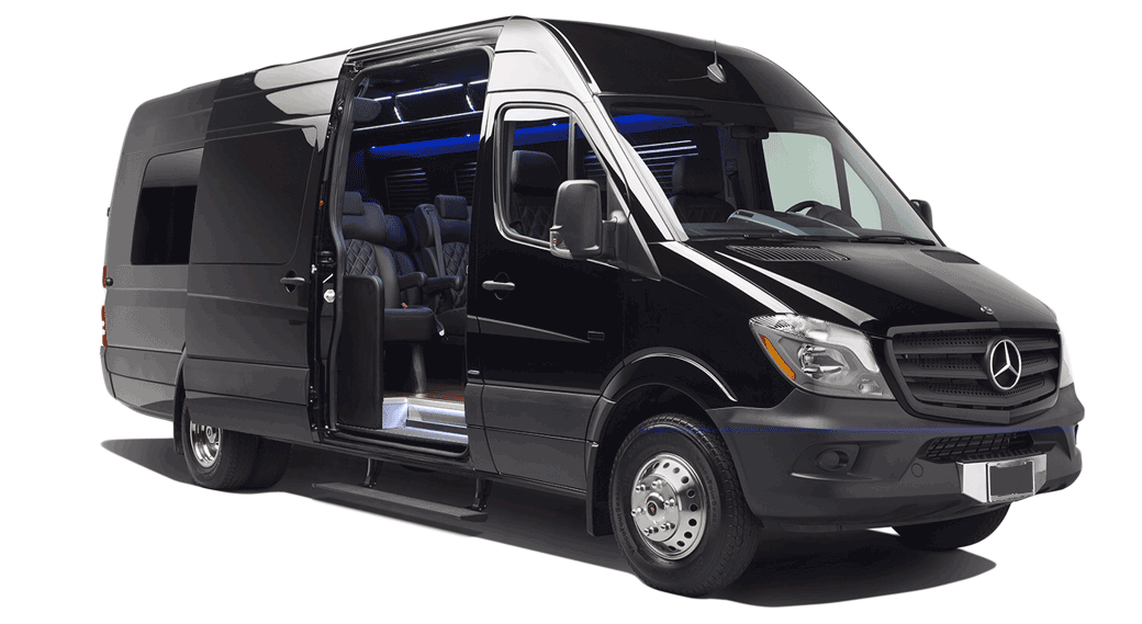 A black van with the door open on a white background.