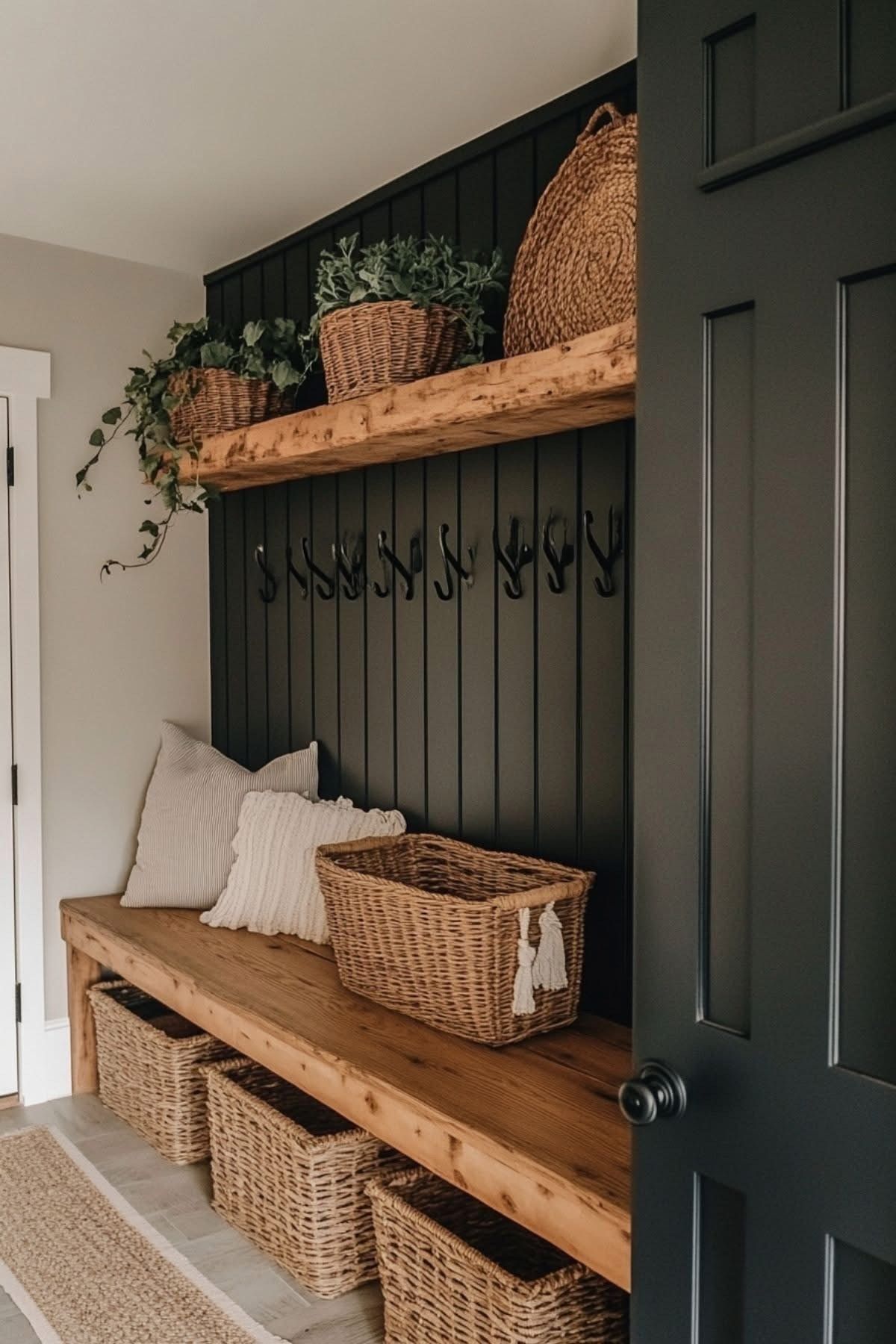 Built-in entryway bench with wicker baskets, coat hooks, and dark green paneled walls — Valley Cabinetmakers In Biloela, QLD 
