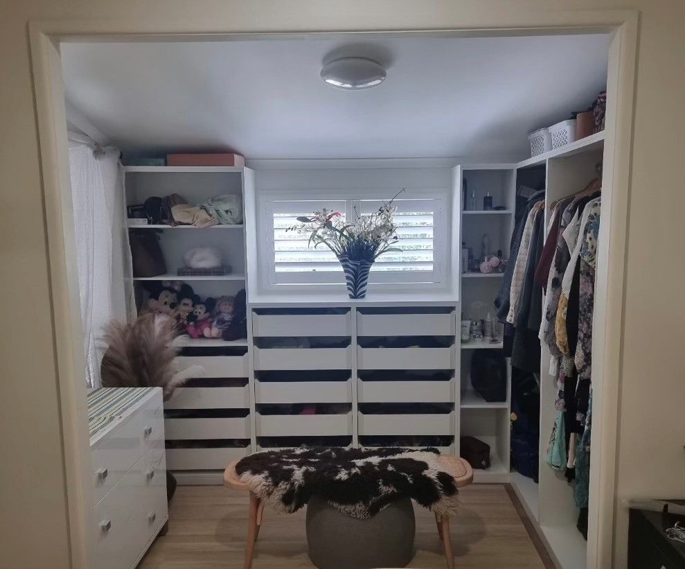 Modern Kitchen with White Countertops, Blue Cabinets, and Gray Stools — Valley Cabinetmakers In Biloela, QLD 
