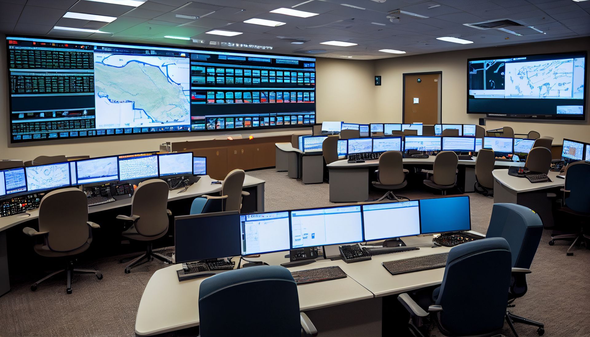 Control room with multiple computer screens, large wall displays showing data; desks arranged in rows.