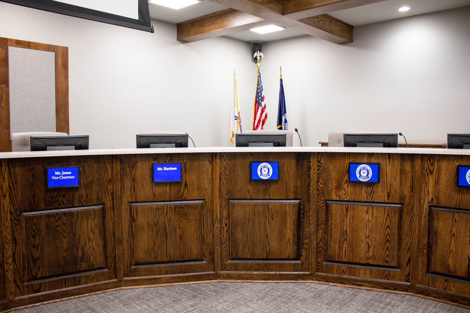 Integrated AV technology system installed in the West Baton Rouge Parish council chambers by Link In