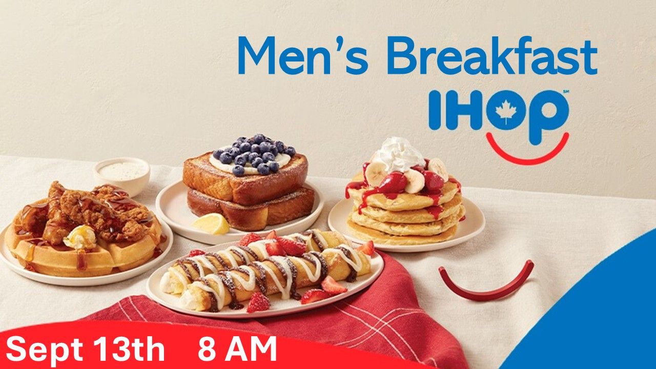 IHOP for a "Men's Breakfast" on September 13th at 8 AM, showcasing various breakfast dishes.