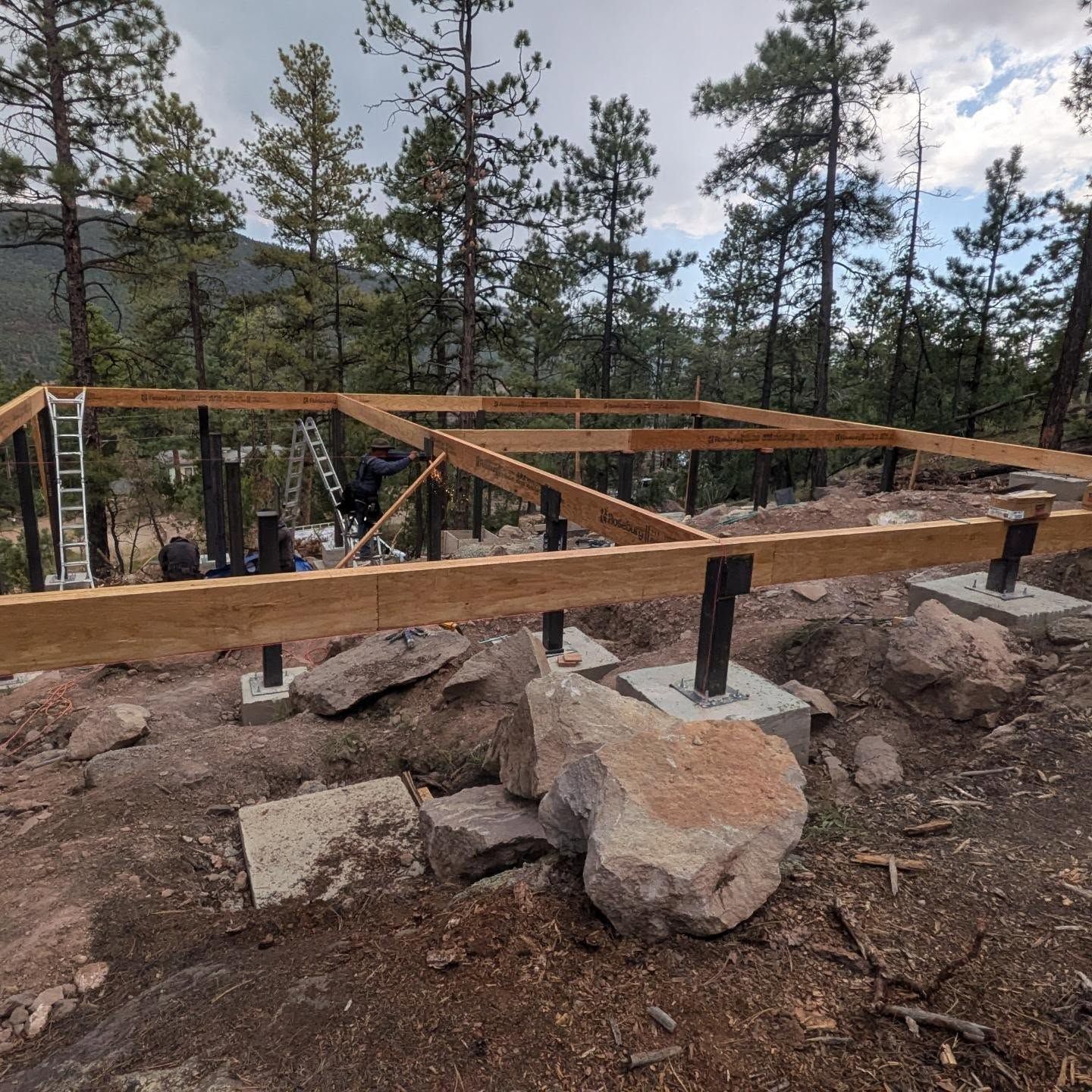 A wooden structure is being built in the middle of a forest