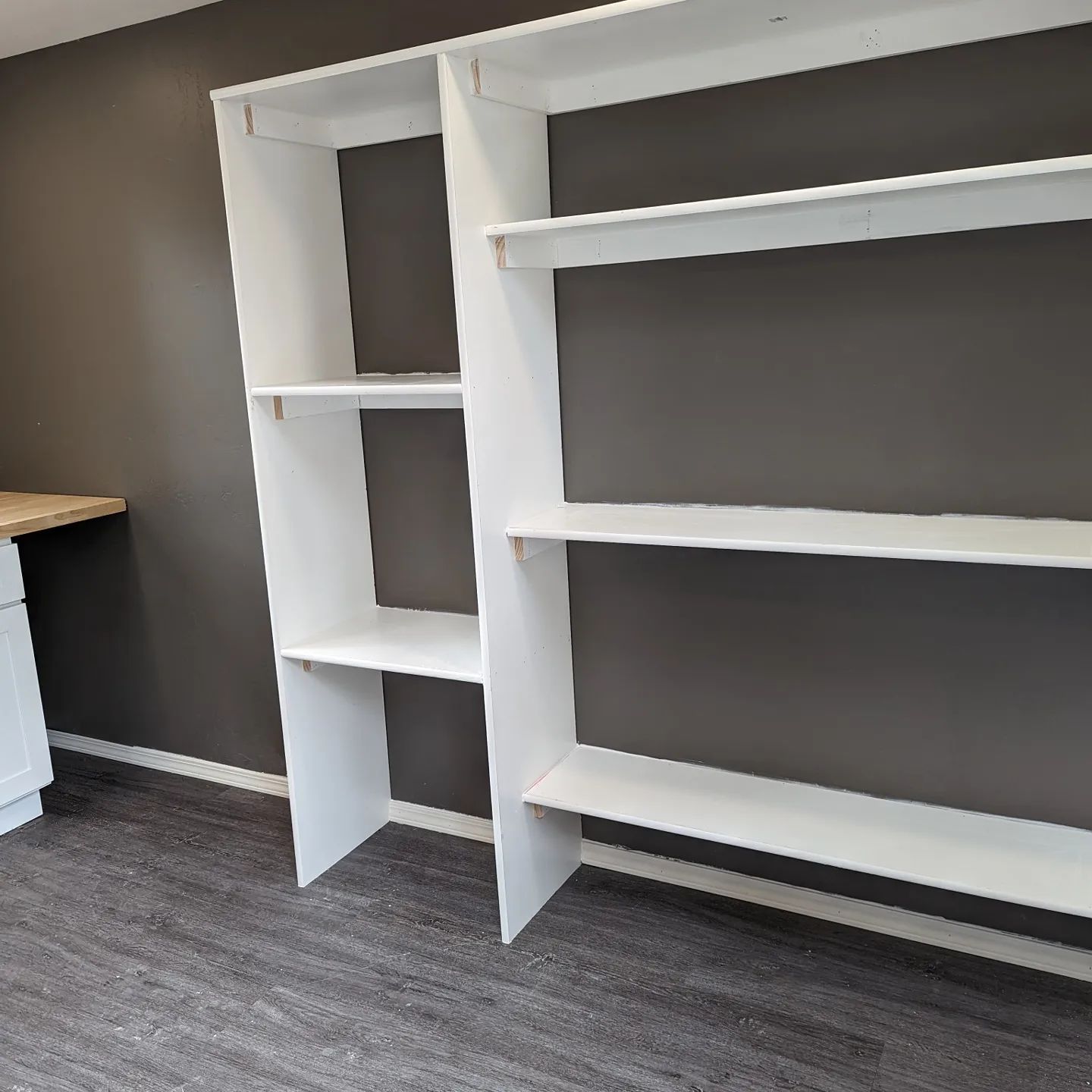 A room with a lot of shelves and a desk.