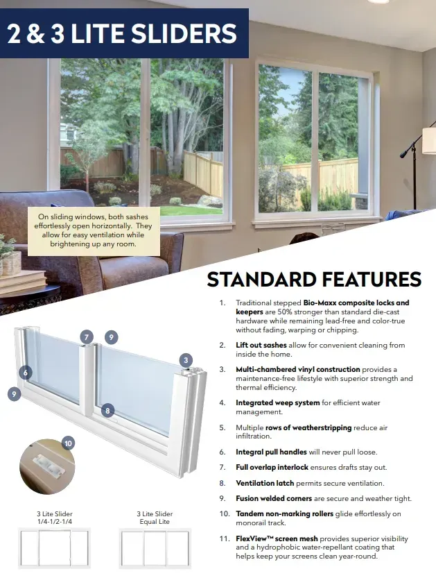 A brochure for 2 and 3 lite sliders with standard features.