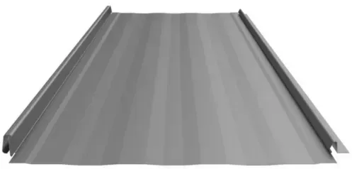 A close up of a gray metal roof on a white background.