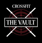 CrossFit gym logo: "The Vault" text, barbell overlay on a red vault outline, black background.
