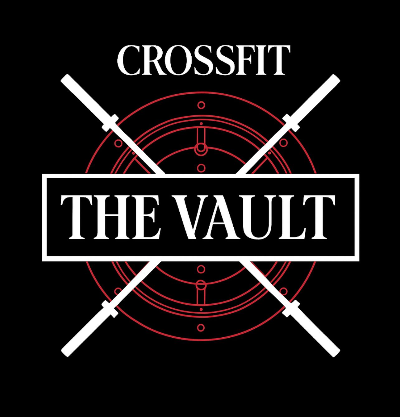 CrossFit gym logo: "The Vault" text, barbell overlay on a red vault outline, black background.