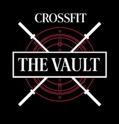 CrossFit gym logo: "The Vault" text, barbell overlay on a red vault outline, black background.