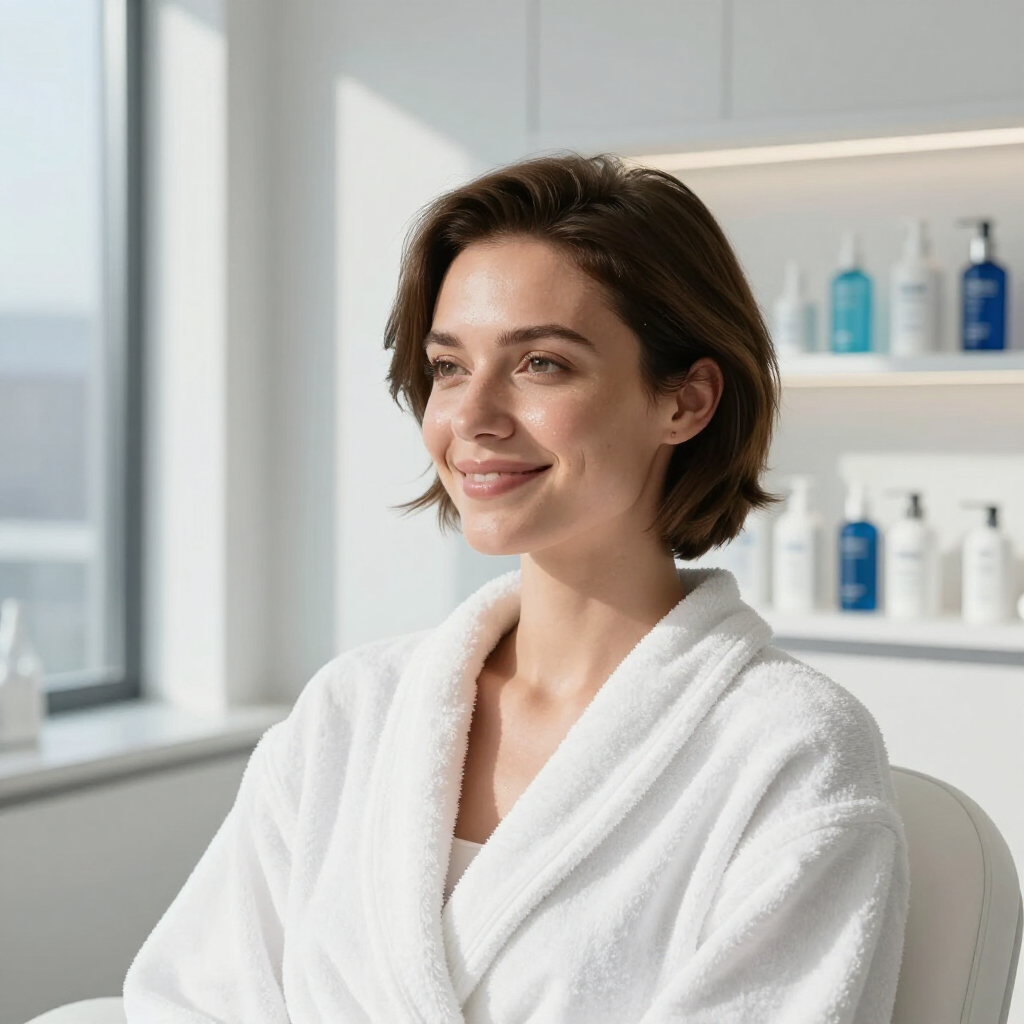 Una persona vestida con una bata blanca sonríe mientras está sentada en un spa 