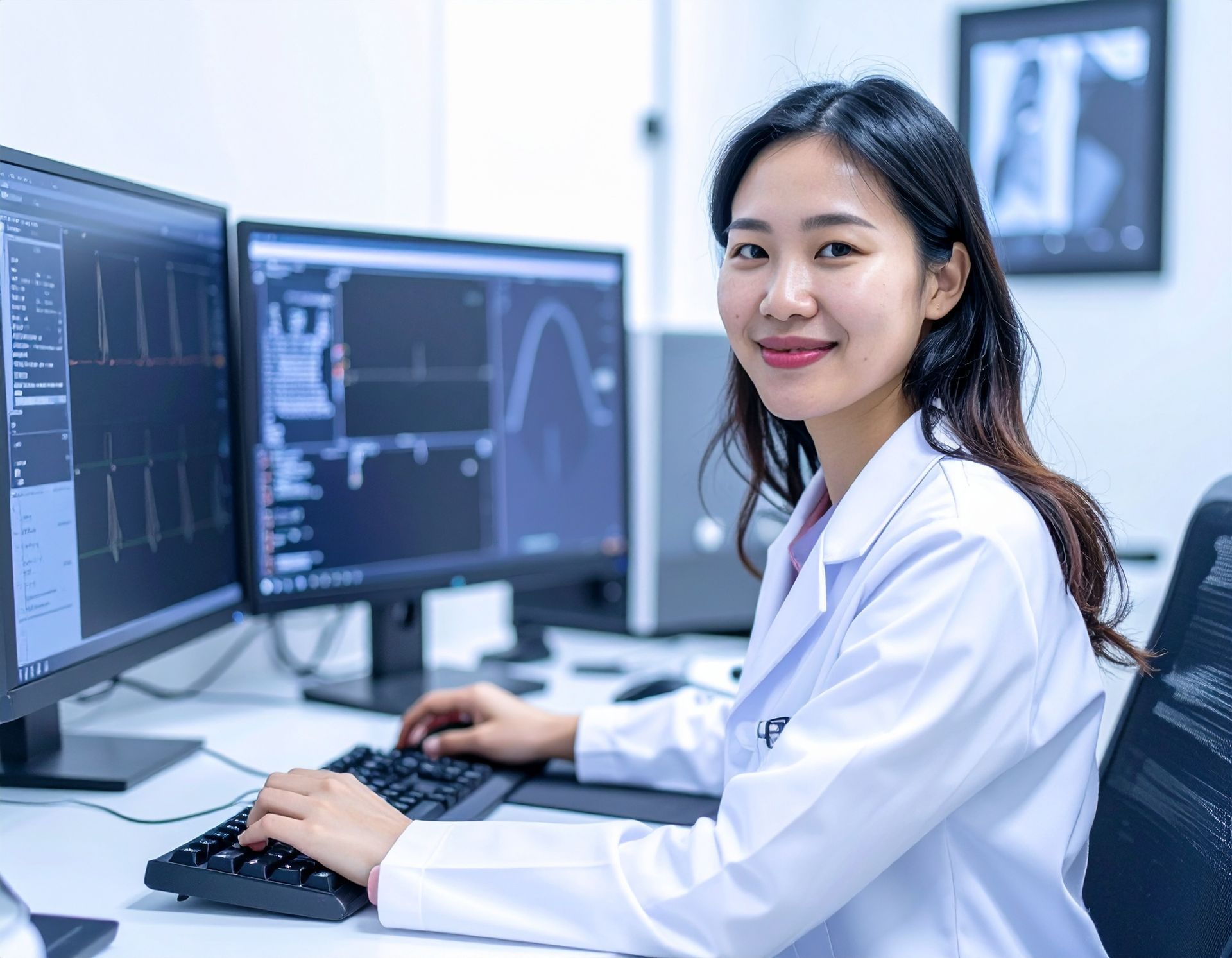 Woman in lab coat smiling, seated at computer monitors displaying medical data.