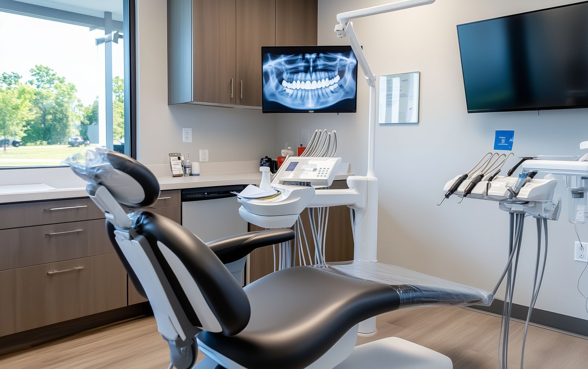 Dental exam room with a dental chair, x-ray display, and equipment.