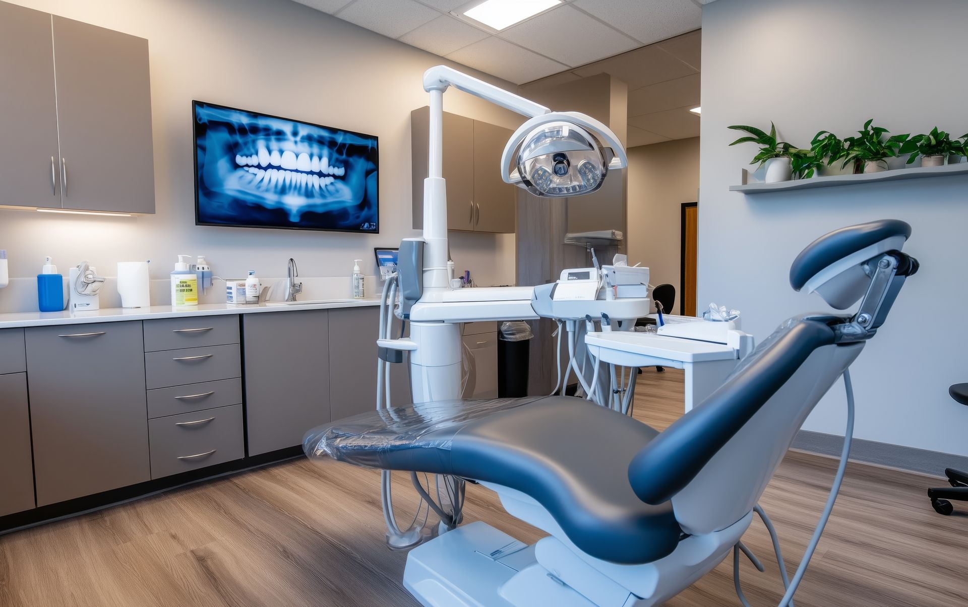 Austin, Texas skyline with blue sky and modern and older buildings.