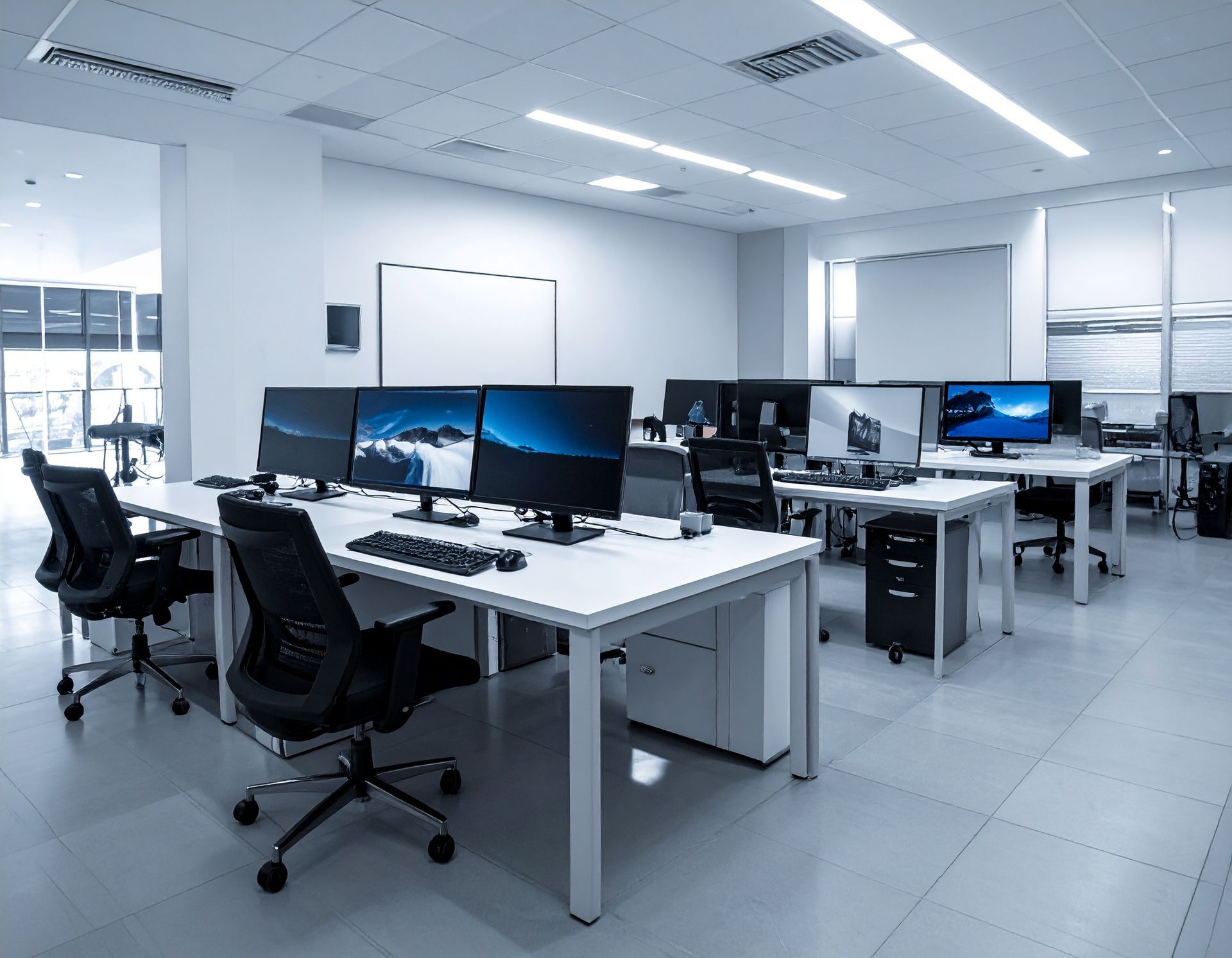 Modern office interior with multiple computer workstations and white desks, lit with bright overhead lighting.