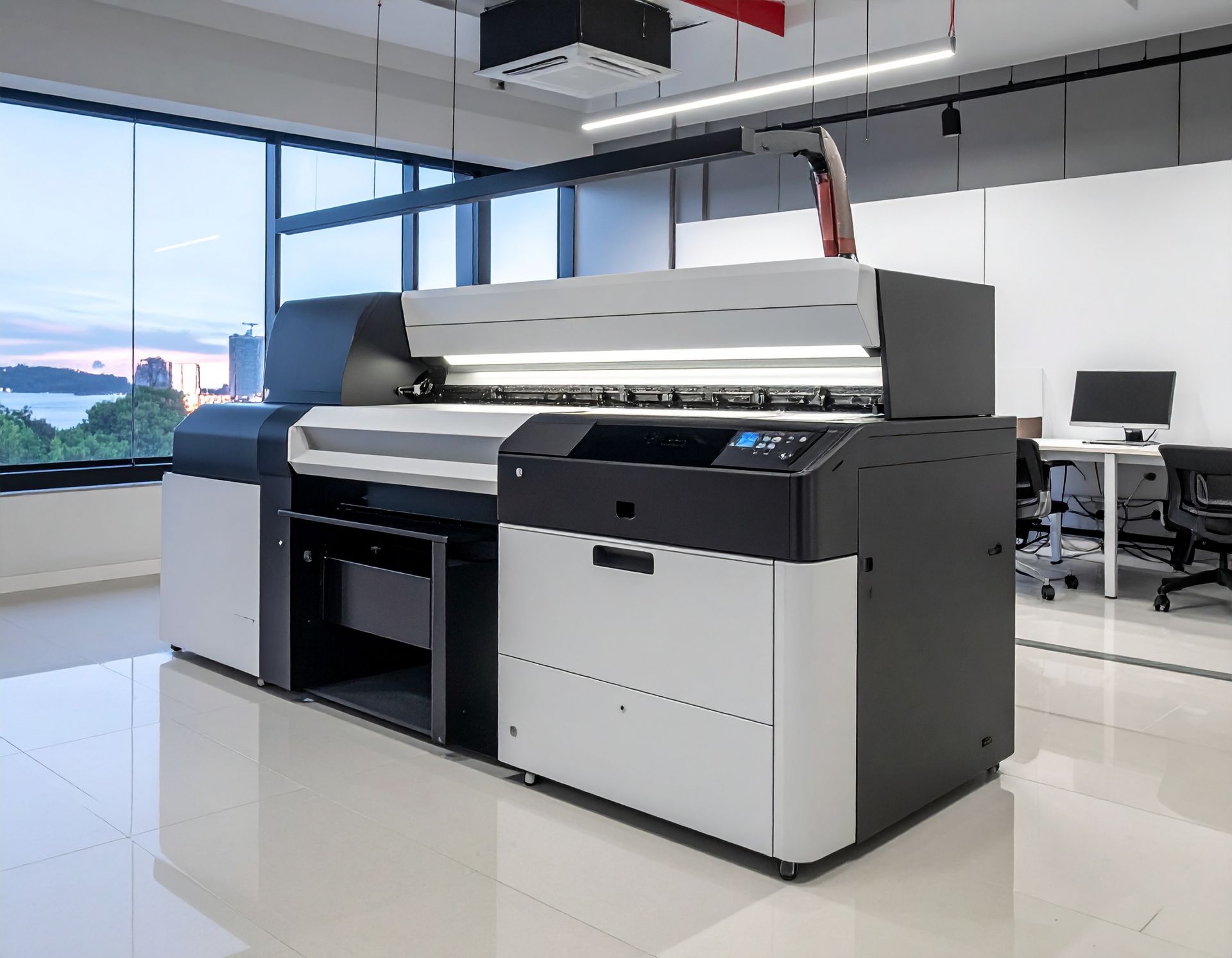 Large format printer in a bright office space.