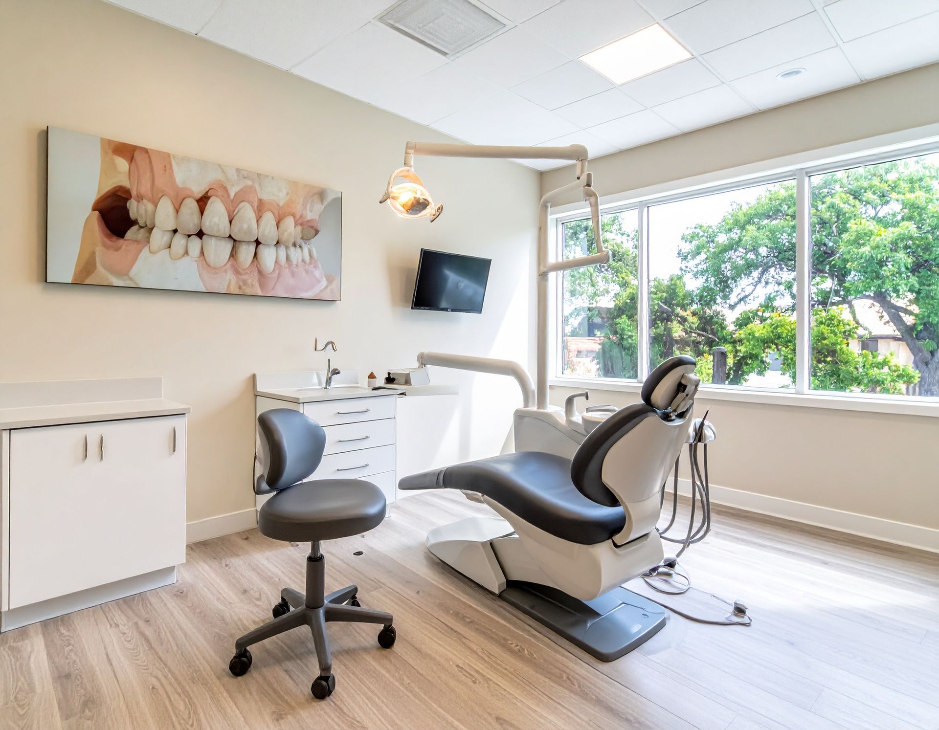 Dental office examining room with dental chair, cabinets, and a window overlooking greenery.