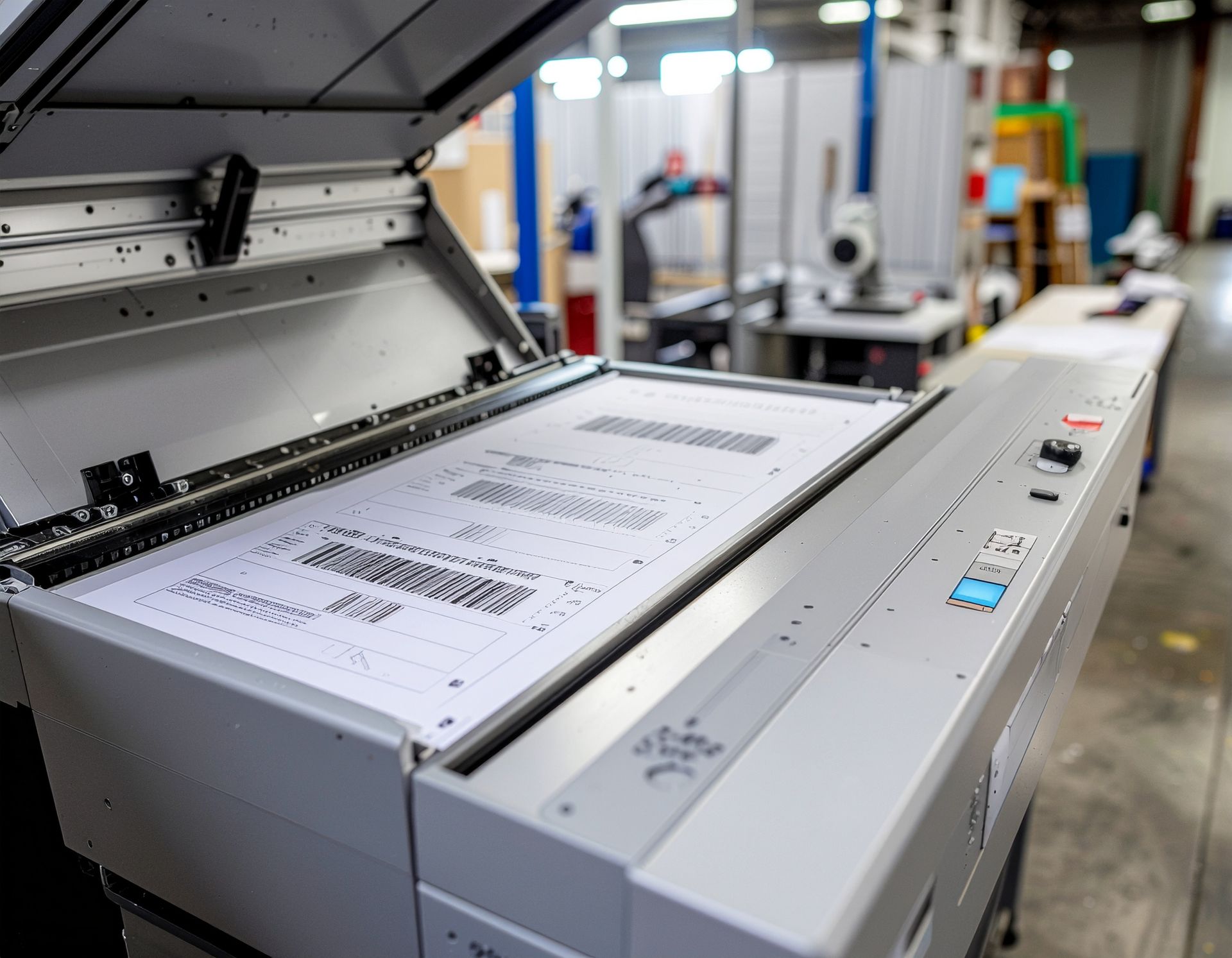 A large document scanner in an industrial setting, scanning a printed sheet of paper.
