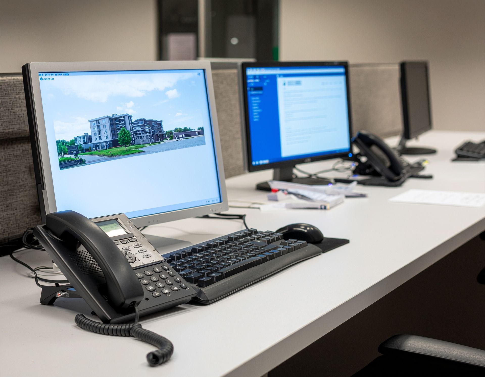 Desks with computer monitors and telephones in an office setting. A building image is displayed on one screen.