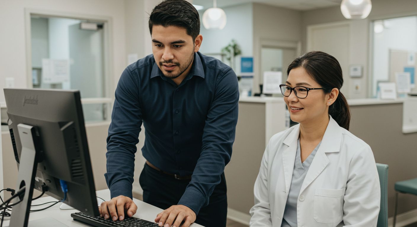 A man and a woman are looking at a computer screen.