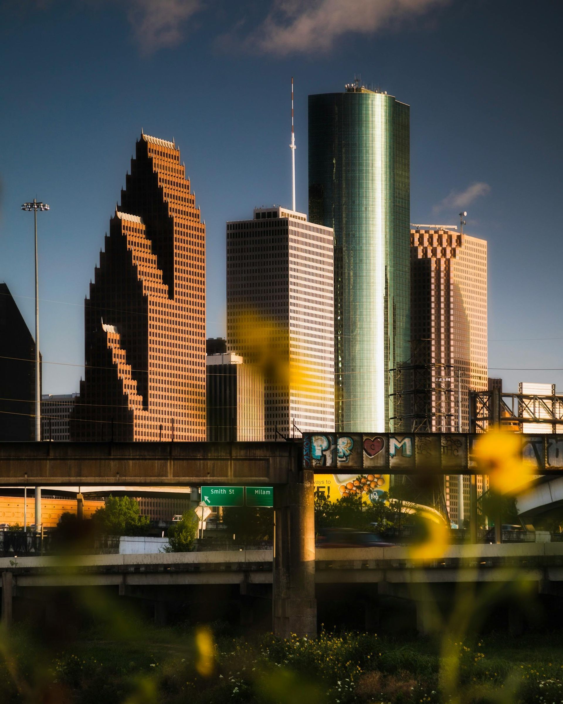 Austin, Texas skyline with blue sky and modern and older buildings.