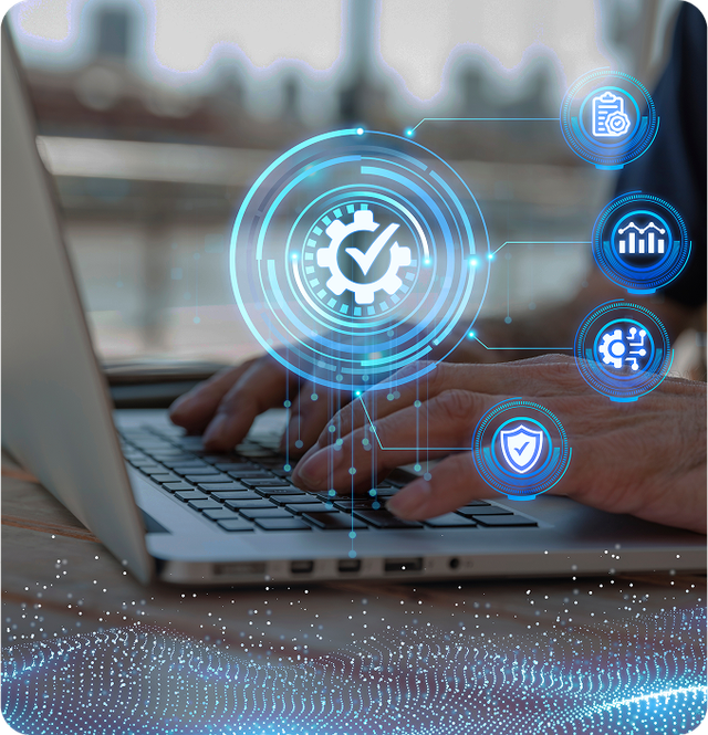 Person typing on a laptop with transparent checklist icons overlaid, one marked complete.