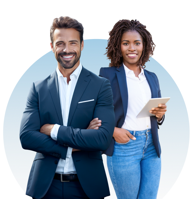 Man and woman smiling, in business attire, set against a light blue gradient background.
